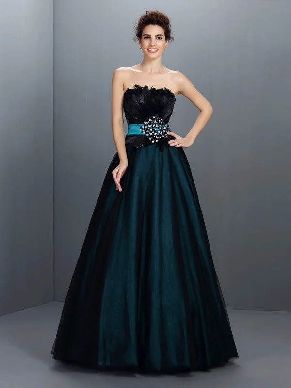 Ball Gown Strapless Feathers/Fur Sleeveless Long Elastic Woven Satin Quinceanera Dresses TPP0004004 Ball Gown Strapless Feathers/Fur Sleeveless Long Elastic Woven Satin Quinceanera Dresses TPP0004004
