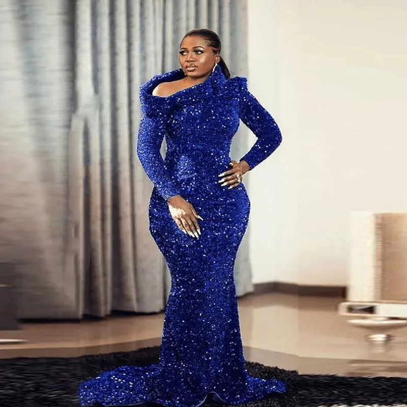 Plus Size Royal Blue Mermaid Evening Dresses Sexy Long Sleeves Glitter Sequins Custom Made Prom Gowns African Formal Party Wear Plus Size Royal Blue Mermaid Evening Dresses Sexy Long Sleeves Glitter Sequins Custom Made Prom Gowns African Formal Party Wear