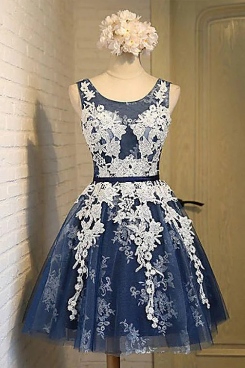 A-line Scoop Knee-length Navy Blue Organza Lace Up Back Homecoming Dress with Appliques DM377