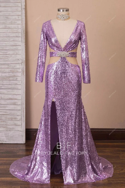Lilac Sequin V-Neck Prom Dress