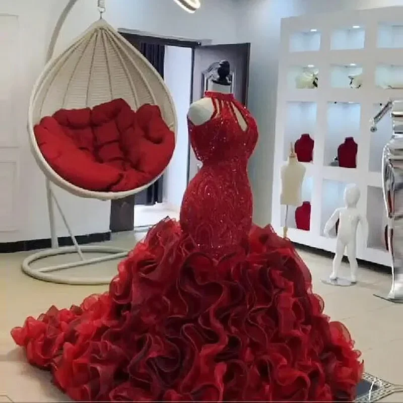 Burgundy Mermaid Prom Dresses With High Neck Beads Lace Up Ruffles Puffy Bottom Celebrity Pageant Dress Luxury Evening Gowns Burgundy Mermaid Prom Dresses With High Neck Beads Lace Up Ruffles Puffy Bottom Celebrity Pageant Dress Luxury Evening Gowns