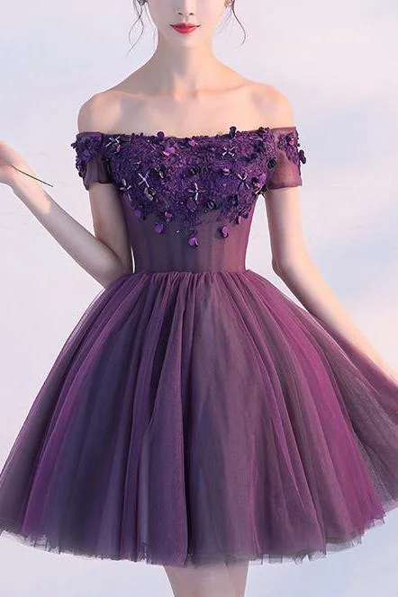 Cute A line Purple Homecoming Dresses,Off-shoulder Short Sexy Appliqued Prom Dress DM379