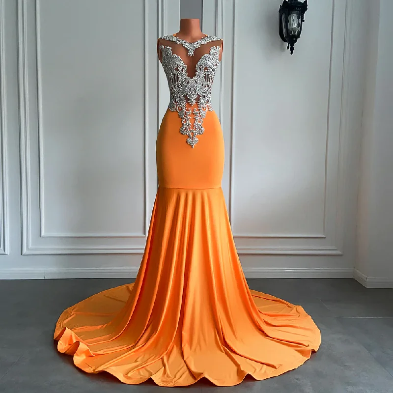 Long Orange Prom Dresses Sexy Mermaid Style Fitted Silver Beaded Embroidery Orange Spandex Black Girl Prom Formal Gowns Long Orange Prom Dresses Sexy Mermaid Style Fitted Silver Beaded Embroidery Orange Spandex Black Girl Prom Formal Gowns