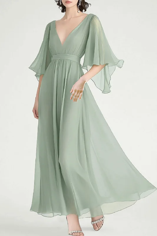 Dusty Sage A Line V-Neck Chiffon Angel Sleeves Formal Dress