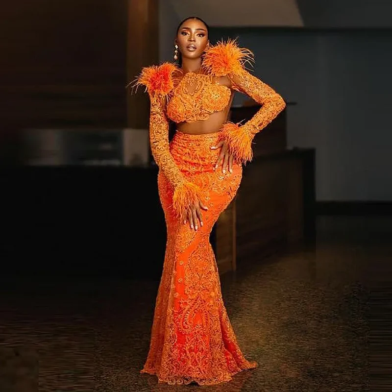 Aso Ebi Lace Evening Dresses With Feathers See Through Long Sleeves Prom Dress African Women Formal Celebrity Birthday Gowns Aso Ebi Lace Evening Dresses With Feathers See Through Long Sleeves Prom Dress African Women Formal Celebrity Birthday Gowns