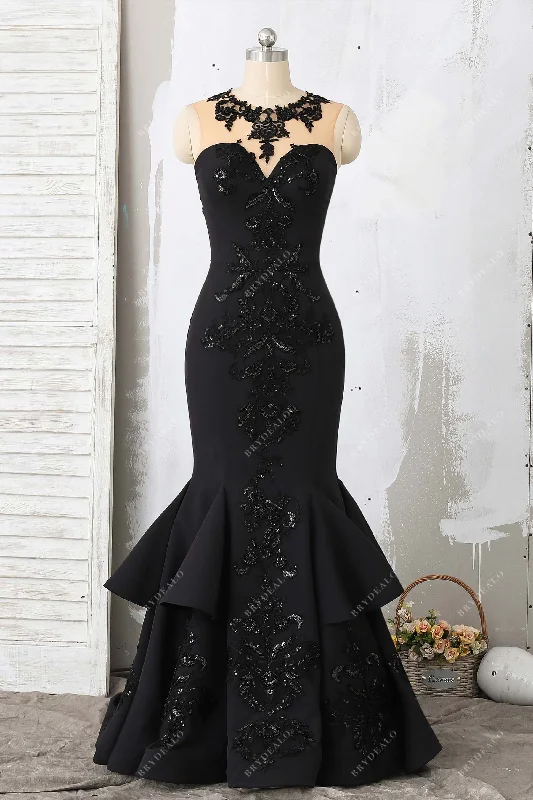 Black Satin Illusion Neck Trumpet Prom Dress