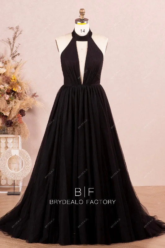 Black Tulle Puffy Long Prom Dress