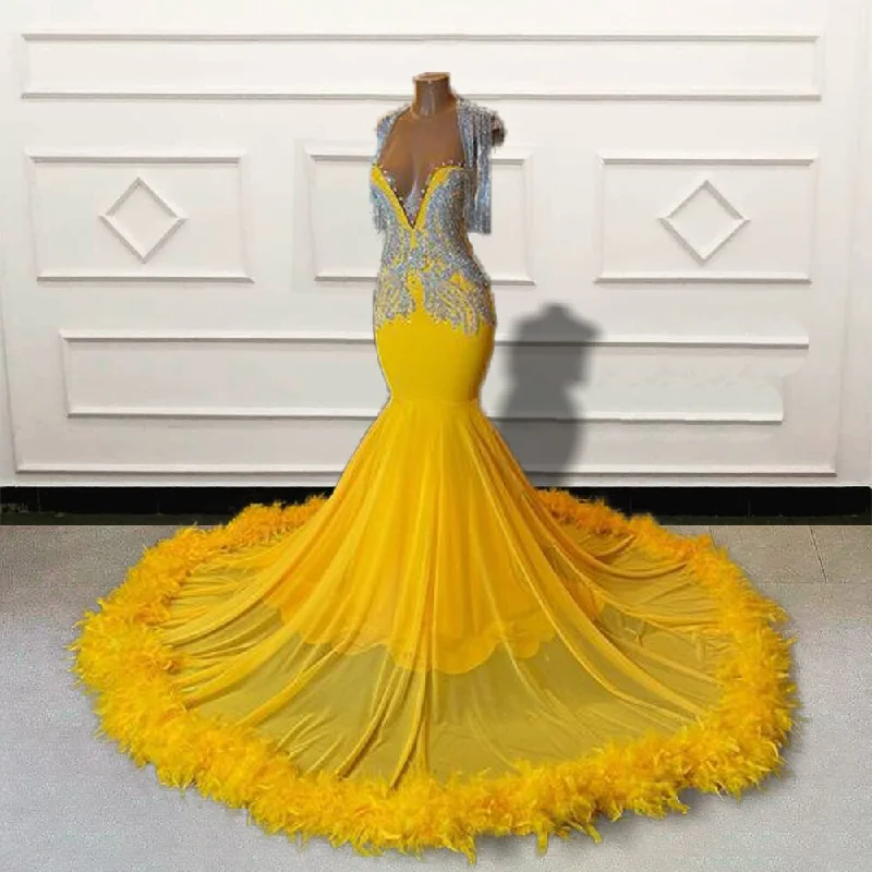 Black Girls Beaded Feathers Mermaid Long Prom Dresses for Graduation Party Luxury Yellow Women Custom Formal Evening Gown Black Girls Beaded Feathers Mermaid Long Prom Dresses for Graduation Party Luxury Yellow Women Custom Formal Evening Gown