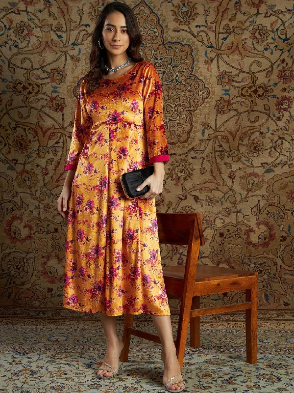 Lyush Women Orange Floral Velvet Printed Anarkali Dress