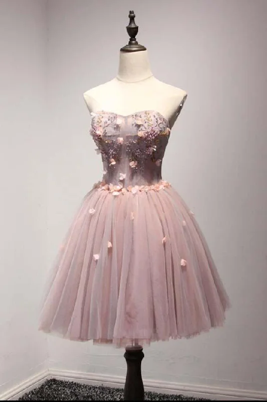 Cheap A-Line Sweetheart Homecoming Dresses With Flowers,Tulle Short Ball Gown Prom Dresses DM412 Cheap A-Line Sweetheart Homecoming Dresses With Flowers,Tulle Short Ball Gown Prom Dresses DM412