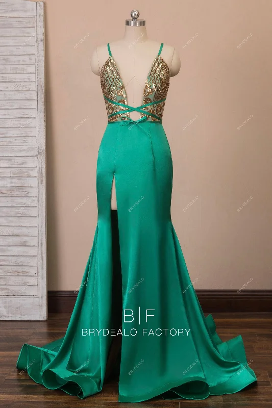 Gold Sequin & Green Satin Mermaid Prom Dress