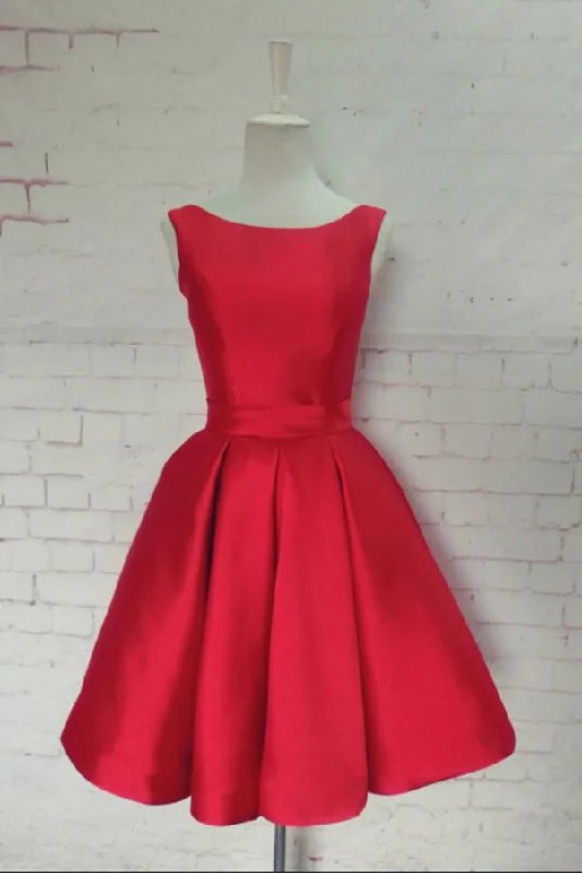 Simple Hot-selling Bateau Satin Short Red Homecoming Dress with Bowknot DM337