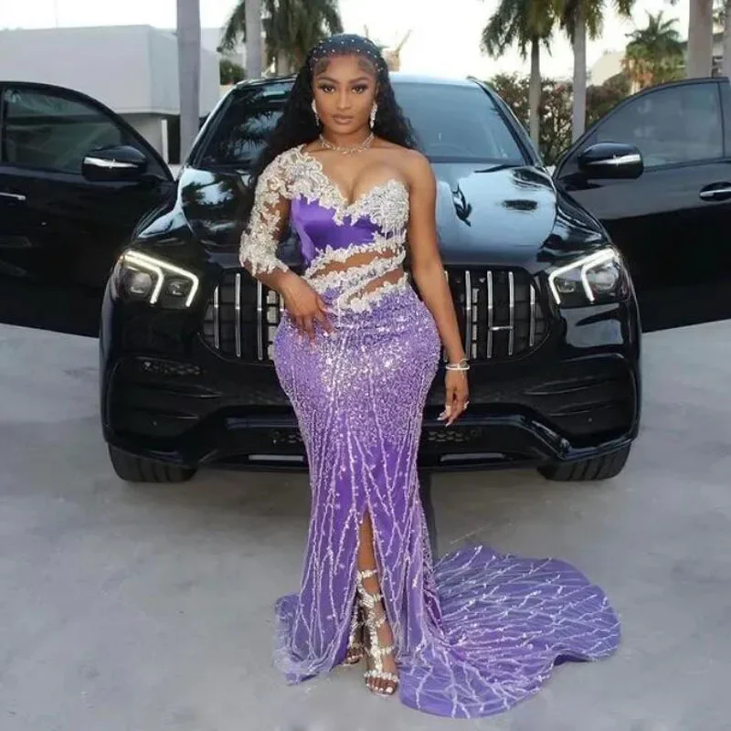Purple Mermaid Evening Dresses Front Split Lace Appliques One Shoulder Prom Dress For African Women Cutaway Sides Party Gowns Purple Mermaid Evening Dresses Front Split Lace Appliques One Shoulder Prom Dress For African Women Cutaway Sides Party Gowns