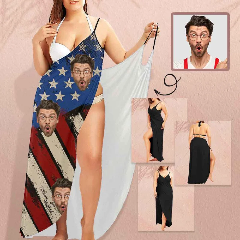 Custom Husband Face USA Flag Spaghetti Strap Backless Beach Dress Personalized Women's Cover up Beach Dress Custom Husband Face USA Flag Spaghetti Strap Backless Beach Dress Personalized Women's Cover up Beach Dress