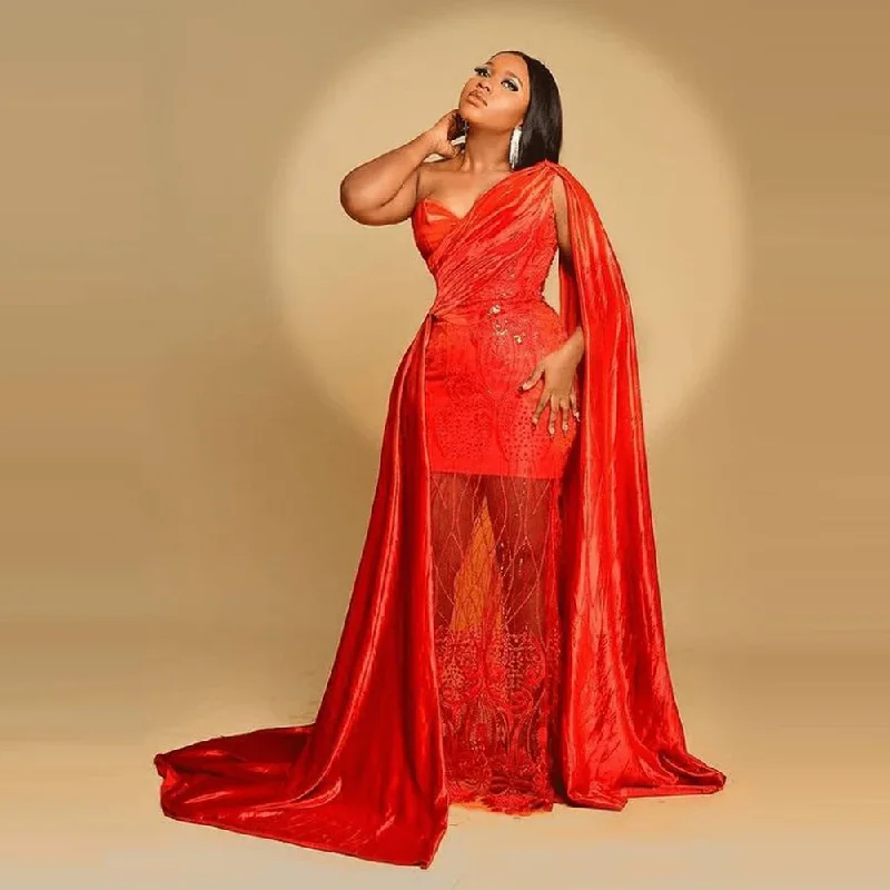 Red Aso Ebi Prom Dresses One Shoulder Open Long Shoulder Sleeves See Through Lace And Satin Evening Dress Mermaid Party Gowns Red Aso Ebi Prom Dresses One Shoulder Open Long Shoulder Sleeves See Through Lace And Satin Evening Dress Mermaid Party Gowns