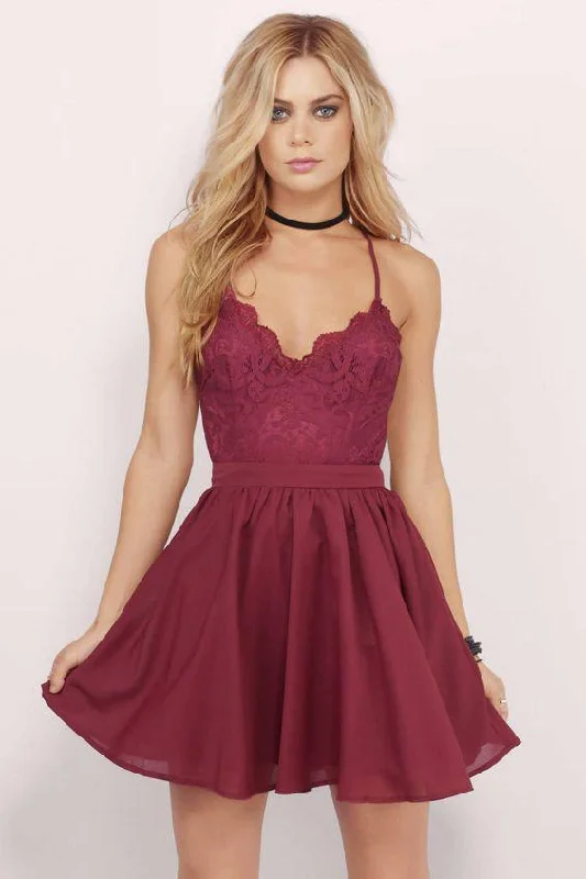 Burgundy Lace Homecoming Dress,Spaghetti Straps Chiffon Short Prom Dress,Cheap Evening Dress DM353