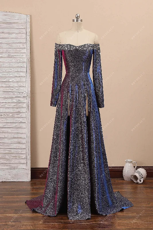 Fuchsia Glitter Off-Shoulder Slit Prom Dress