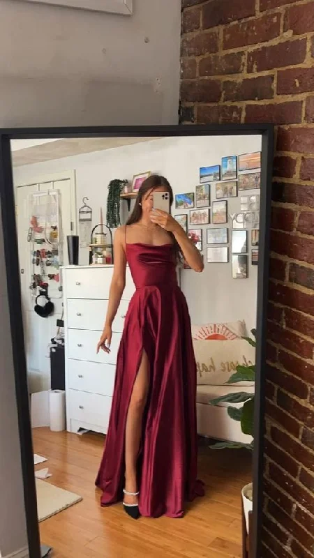 Spaghetti Straps Red Long Prom Dresses,Satin A-Line Evening Gown Long Prom Dress with Slit Spaghetti Straps Red Long Prom Dresses,Satin A-Line Evening Gown Long Prom Dress with Slit