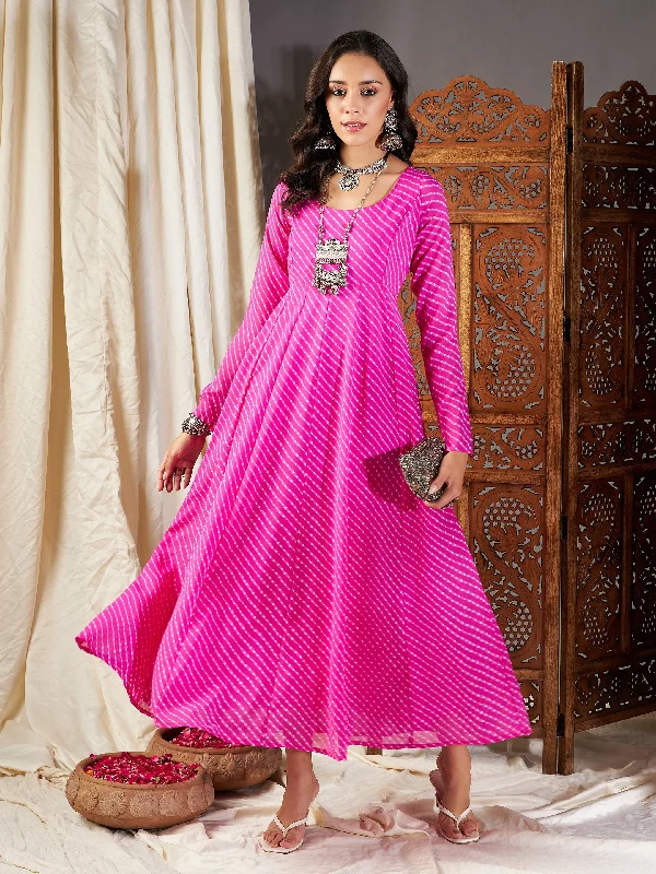 Lyush Women Pink Lehariya Anarkali Dress