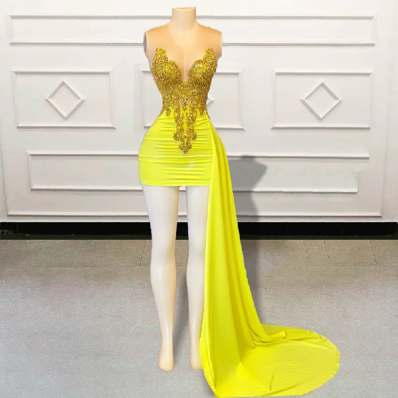 Glitter Beaded Crystal Diamond Short Prom Dresses Yellow Sleeveless Sexy Black Girls Mini Cocktail Gowns for Birthday Party Glitter Beaded Crystal Diamond Short Prom Dresses Yellow Sleeveless Sexy Black Girls Mini Cocktail Gowns for Birthday Party