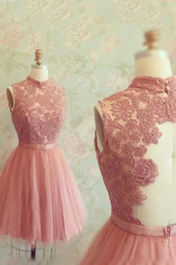 Gorgeous A-line High neck Pink Lace Appliques Short Tulle stunning Homecoming Dresses DM333 Gorgeous A-line High neck Pink Lace Appliques Short Tulle stunning Homecoming Dresses DM333