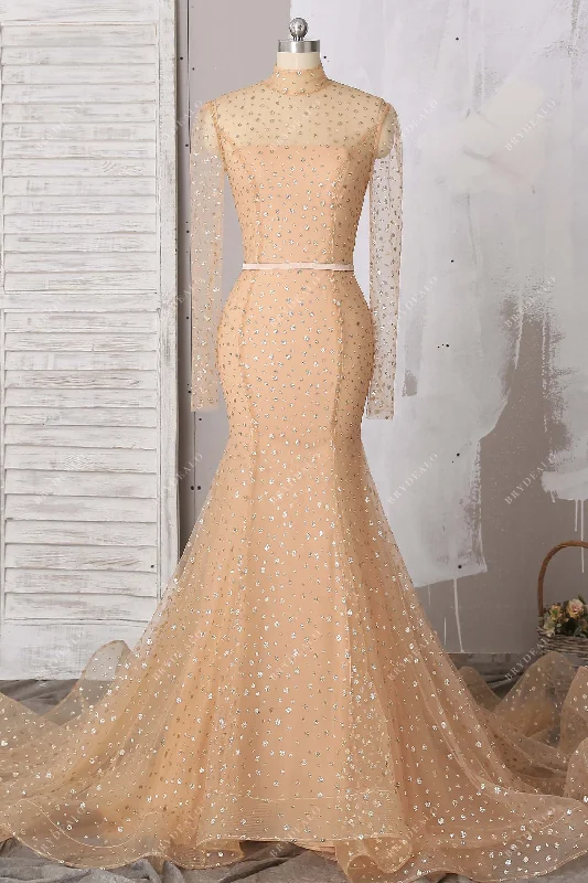 Champagne Gold Glitter Mermaid Evening Prom Bridal Dress