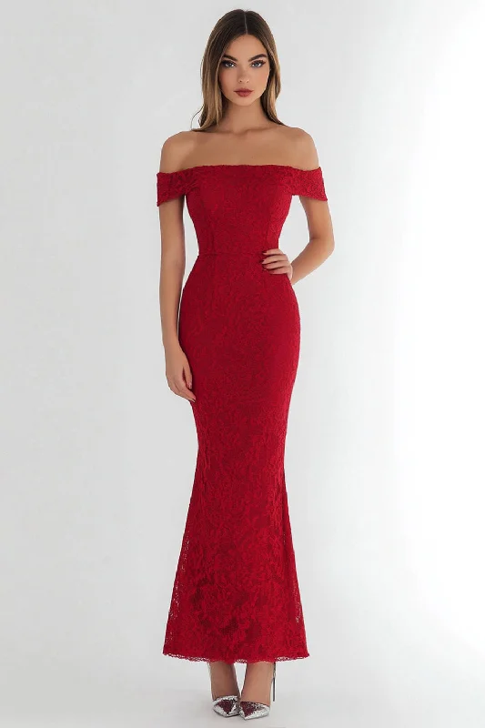 Red Lace Mermaid Off the Shoulder Formal Dress