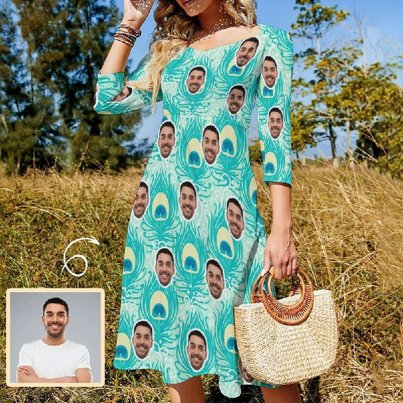 Custom Face Peacock Feather Women's Bow Tie Back Flare Dress
