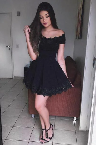 Black A-Line Off-The-Shoulder Homecoming Dresses,Short Prom Dress,Graduation Dresses DM437 Black A-Line Off-The-Shoulder Homecoming Dresses,Short Prom Dress,Graduation Dresses DM437