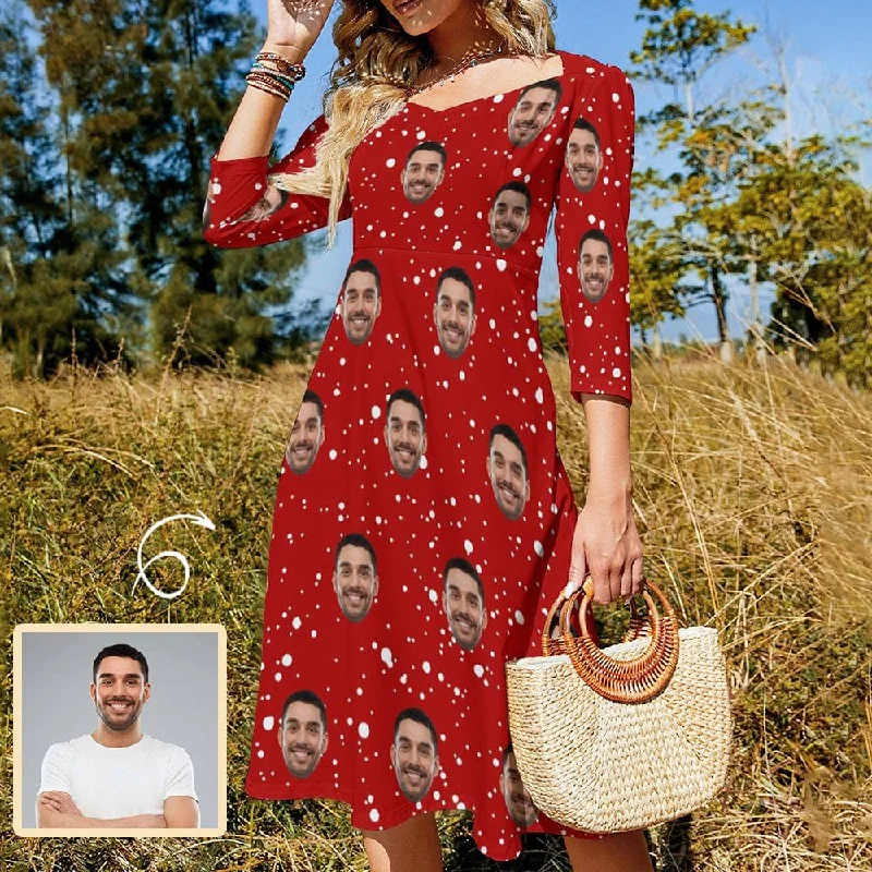 Custom Face Red Women's Bow Tie Back Flare Dress