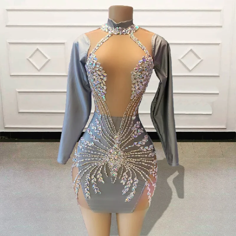 Glitter Crystal Beaded Diamond Short Prom Dresses Sexy Sheer Mesh Full Sleeves Girls Mini Cocktail Gowns for Birthday Party Glitter Crystal Beaded Diamond Short Prom Dresses Sexy Sheer Mesh Full Sleeves Girls Mini Cocktail Gowns for Birthday Party