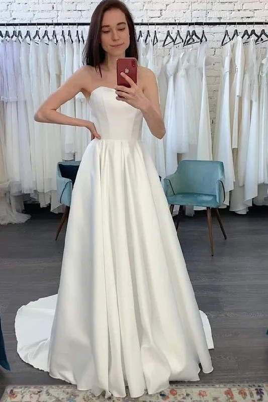 A-line Strapless Satin Bridal Dresses 2021