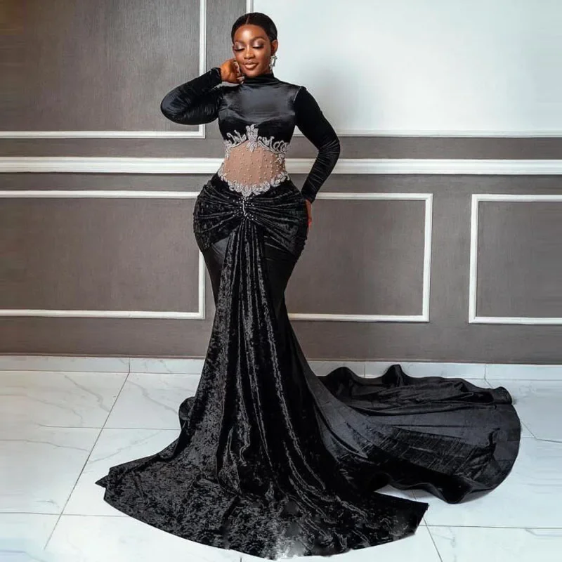 Black Girls Long Evening Dresses High Neck Pearls Appliques Pleats Long Sleeves Mermaid Prom Dress Long Train Aso Ebi Gowns Black Girls Long Evening Dresses High Neck Pearls Appliques Pleats Long Sleeves Mermaid Prom Dress Long Train Aso Ebi Gowns