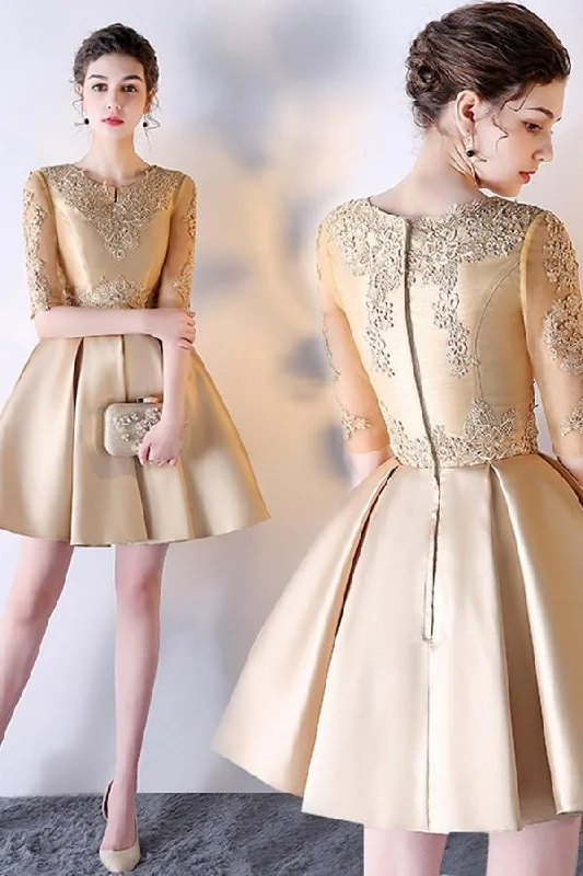 A-Line Solid Color Half Sleeve Homecoming Dress Short Prom Dress With Appliques DM383