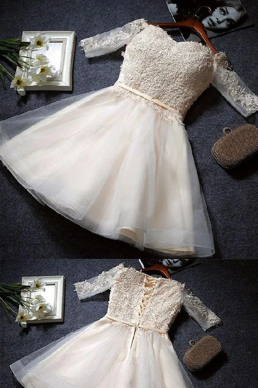 Half Sleeve A Line Lace Short Prom Dress,Tulle Homecoming Dresses DM407