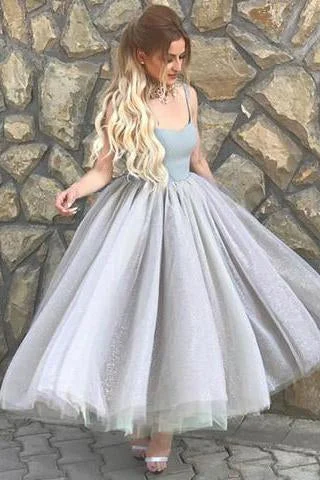 Simple A-Line Spaghetti Straps Prom Dress,Gray Tulle Short Homecoming Dress DM492