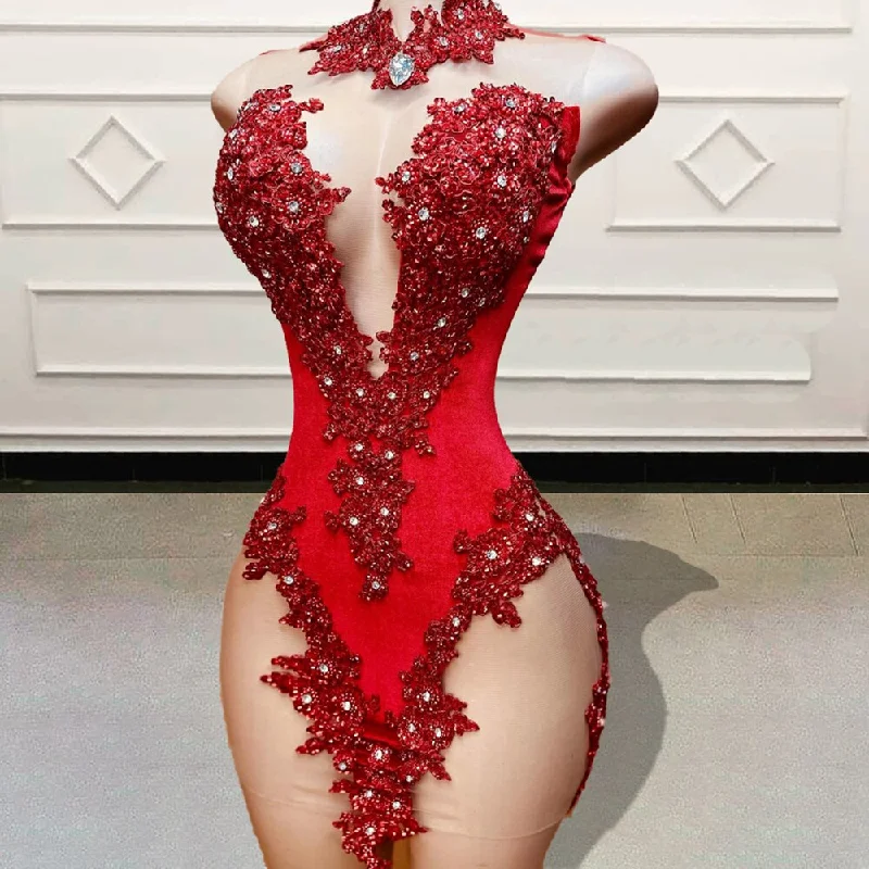 Luxury Diamond Red Short Prom Dresses for Birthday Party Beaded Appliques Sexy Women See Through Mini Cocktail Gowns Luxury Diamond Red Short Prom Dresses for Birthday Party Beaded Appliques Sexy Women See Through Mini Cocktail Gowns