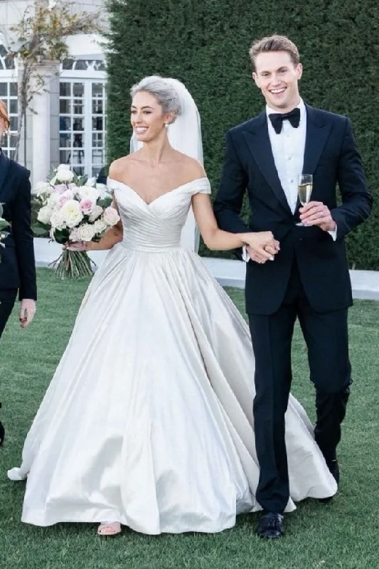 A-line Satin Off-the-shoulder Bridal Dress with Ruching Bodice