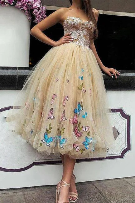 Princess Tea Length Tulle Prom Dresses,Ball Gown Lace Top Strapless Homecoming Dresses DM428 Princess Tea Length Tulle Prom Dresses,Ball Gown Lace Top Strapless Homecoming Dresses DM428