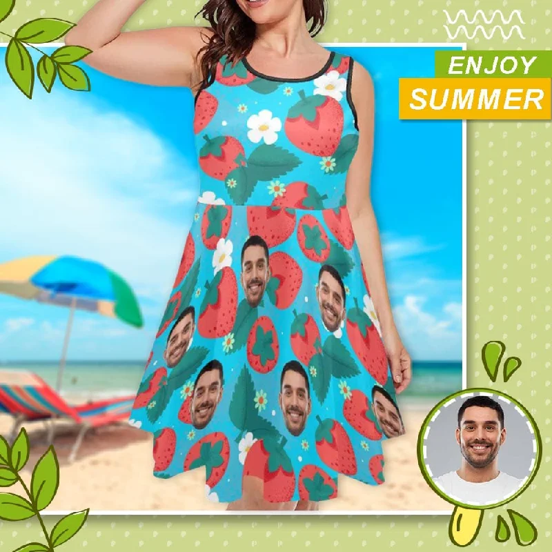 Custom Face Strawberry Blue Sleeveless Expansion Dress for Women