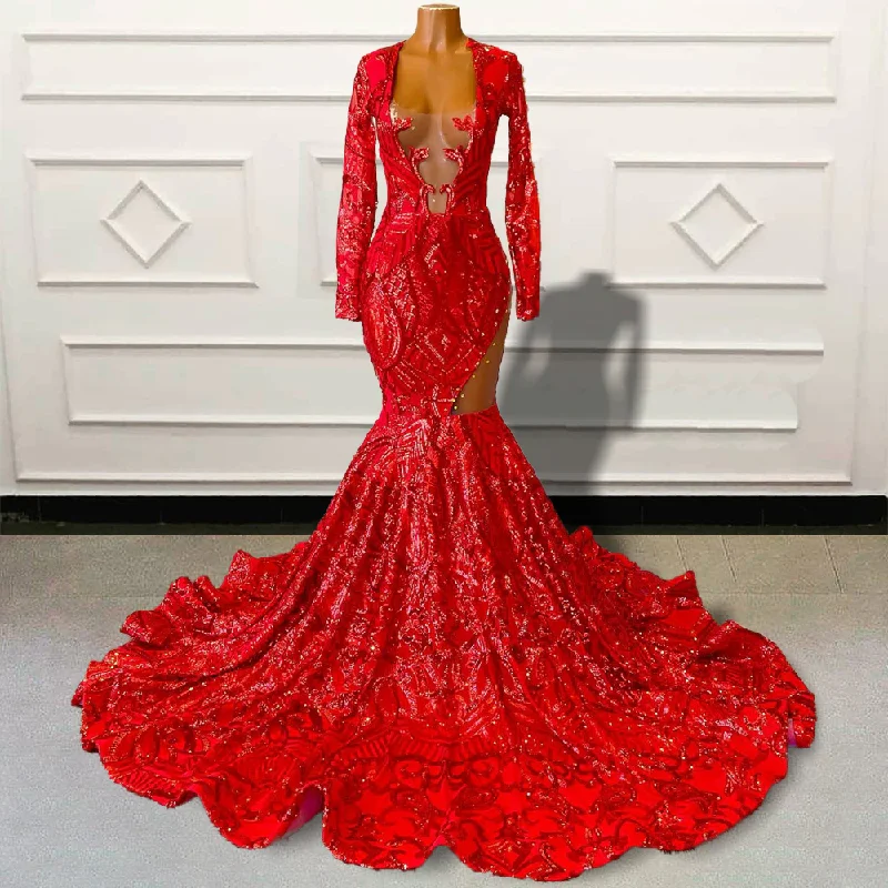 Sparkly Sequin Red Mermaid Long Prom Dresses for Graduation Party Full Sleeves Black Girls Custom Occasion Evening Gown Sparkly Sequin Red Mermaid Long Prom Dresses for Graduation Party Full Sleeves Black Girls Custom Occasion Evening Gown