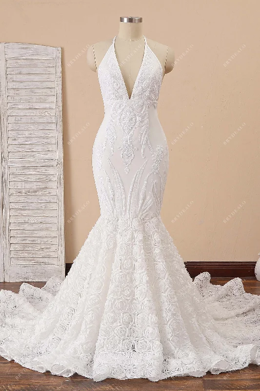 White Sequin Rose Mermaid Formal Dress