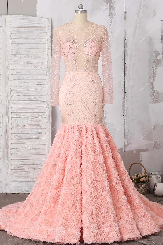 Peach Luxury Beading Dramatic 3D Roses Trumpet Dress