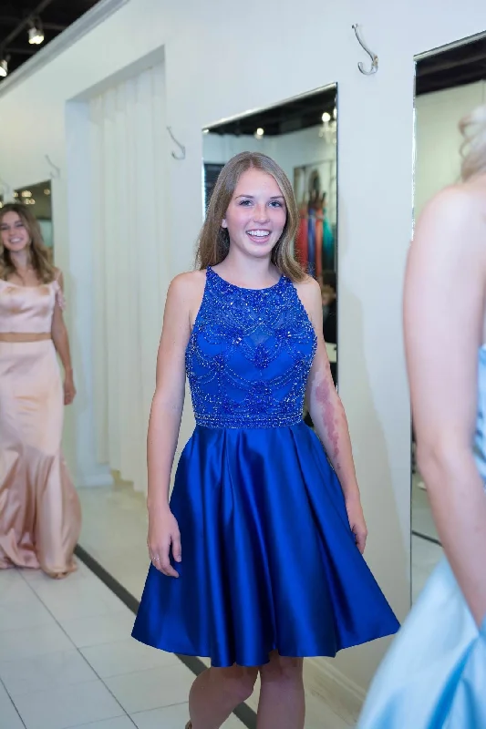 Bead Crystals Short Homecoming Dresses with Satin Skirt