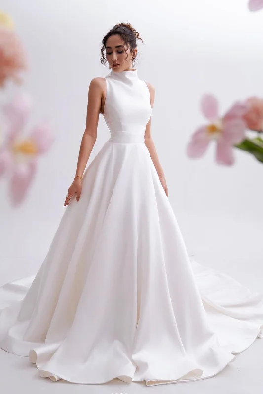 A-line Satin Bridal Dress with Stand Collar
