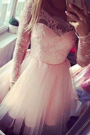 Pink Long Sleeves Lace Tulle Short Backless Homecoming Dress,Graduation Dresses DM334 Pink Long Sleeves Lace Tulle Short Backless Homecoming Dress,Graduation Dresses DM334