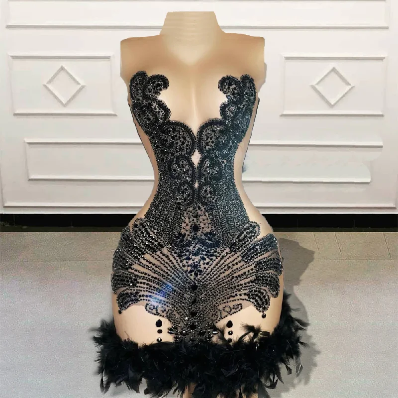 Sexy See Through Short Prom Dress for Black Girl Luxury Beads Diamond Feathers Women Mini Cocktail Gowns for Birthday Party Sexy See Through Short Prom Dress for Black Girl Luxury Beads Diamond Feathers Women Mini Cocktail Gowns for Birthday Party
