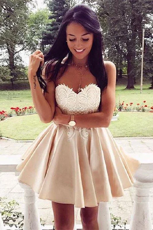 Cute Sweetheart Lace Appliques Short Prom Dress A Line Homecoming Dress For Girls DM424 Cute Sweetheart Lace Appliques Short Prom Dress A Line Homecoming Dress For Girls DM424
