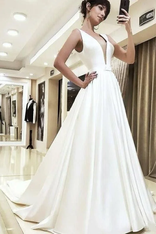 A-line Satin Bridal Dresses with V-neckline Illusion Insert