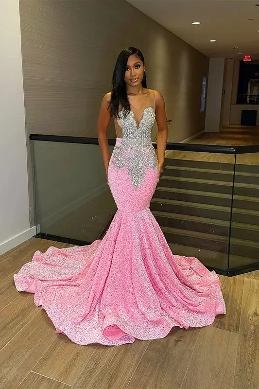 Luxury Pink Sequin Mermaid Long Prom For Black Girl Beads Crystals Birthday Party Gowns Formal Evening Dress فساتين السهرة Luxury Pink Sequin Mermaid Long Prom For Black Girl Beads Crystals Birthday Party Gowns Formal Evening Dress فساتين السهرة